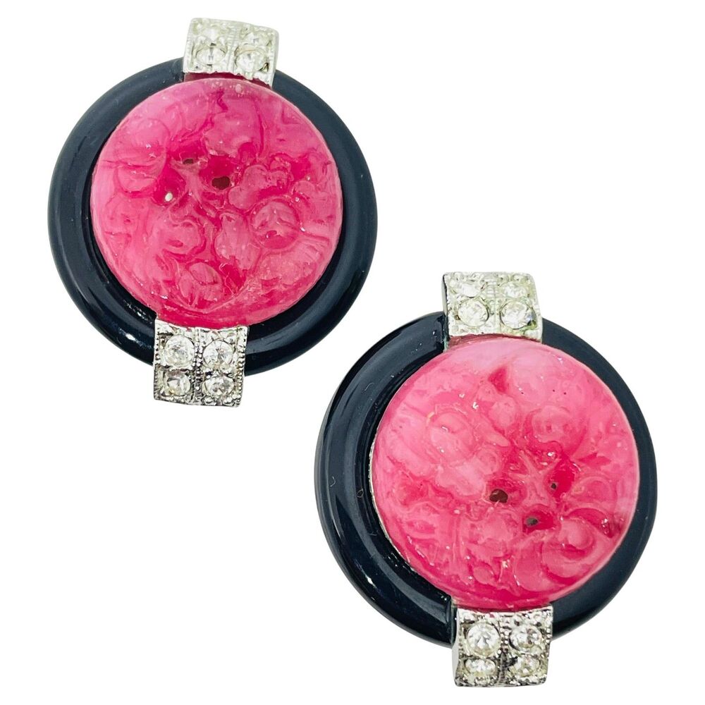 CRAFT signed vintage silver ruby glass black enamel designer clip on earrings